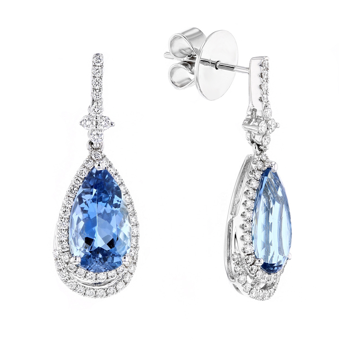 K White Gold Pear Shaped Aquamarine Diamond Halo Dangle Earrings