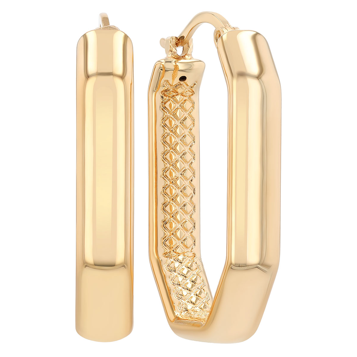 Yellow Gold Geometric Octagon Angled Hoop Earrings With Lattice