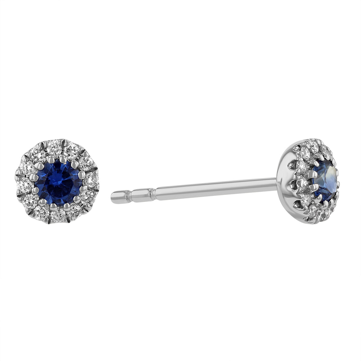 Round Sapphire & Diamond Halo Earrings in White Gold