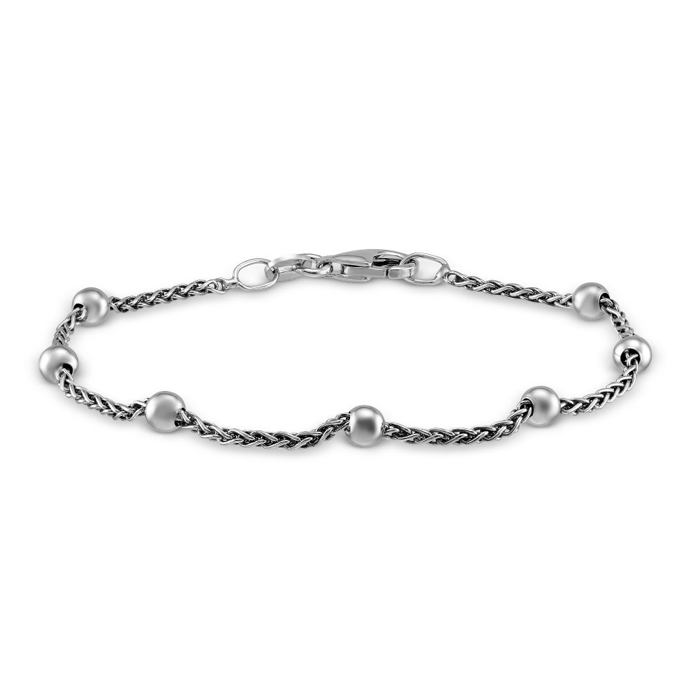 Sterling Silver Bead and Wheat Chain Bracelet