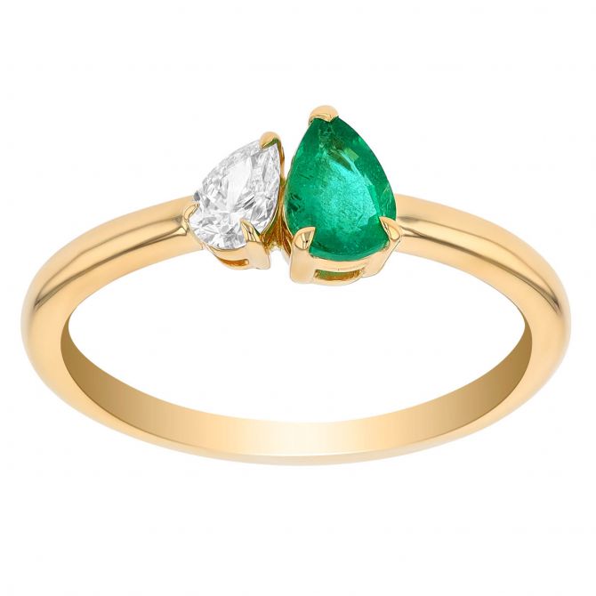Pear Shaped Emerald & Diamond Duo Ring in Yellow Gold