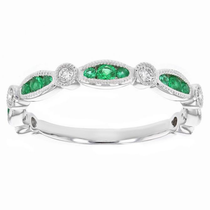 14K White Gold Emerald & Diamond Navette Milgrain Station Ring