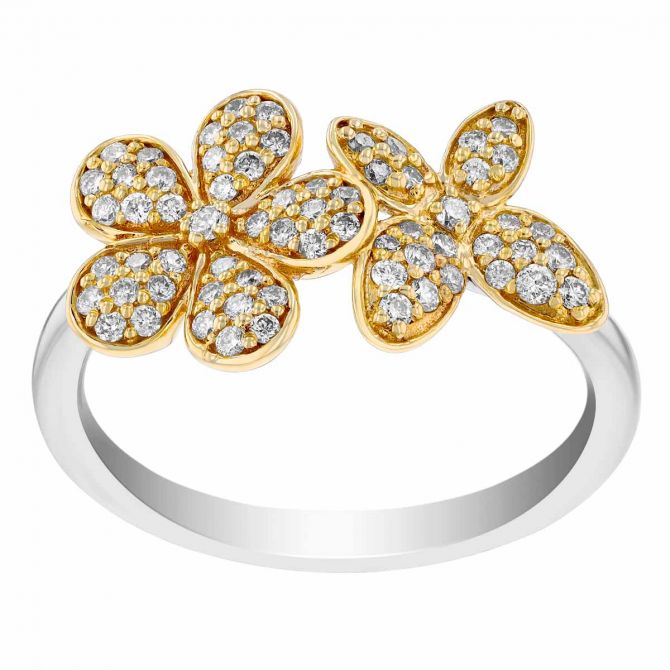 Diamond Pavé Flower & Butterfly Ring in Two Tone