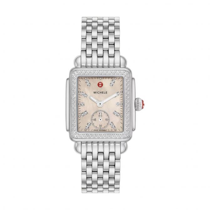 Michele Deco Mid Stainless Steel Diamond 31mm Women's Watch, Mother of Pearl Orange Dial