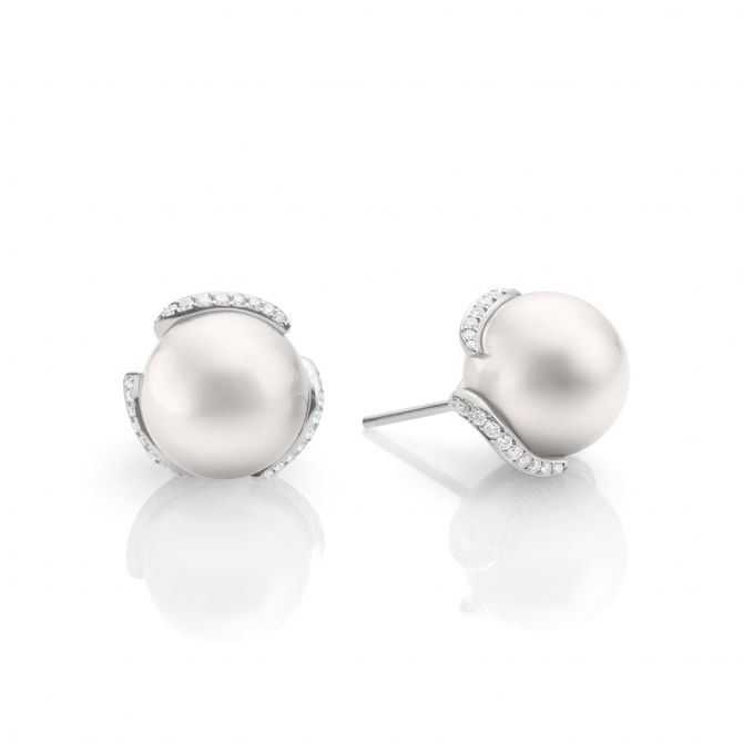 Mikimoto South Sea Cultured Pearl & Diamond Swirl Basket Stud Earrings in White Gold