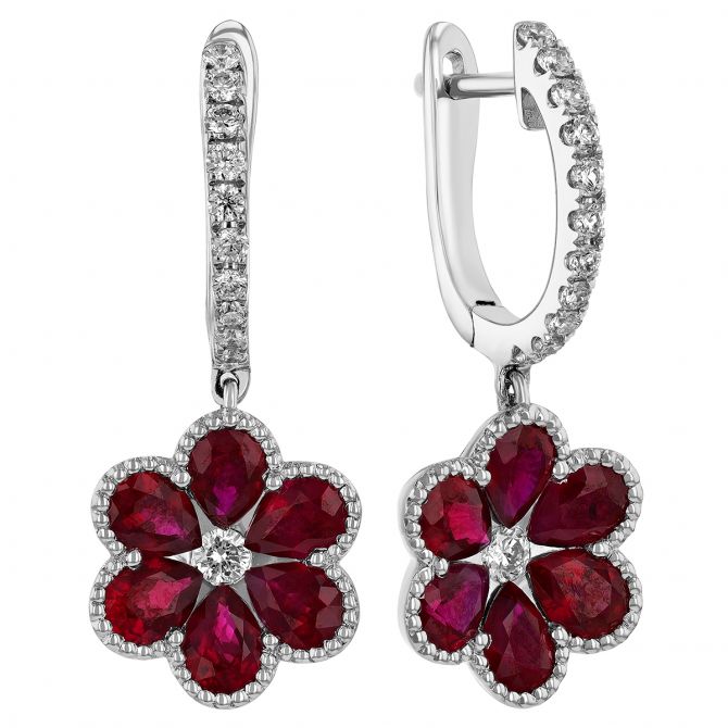 Pear Shaped Ruby & Diamond Flower Dangle Hoop Earrings in White Gold