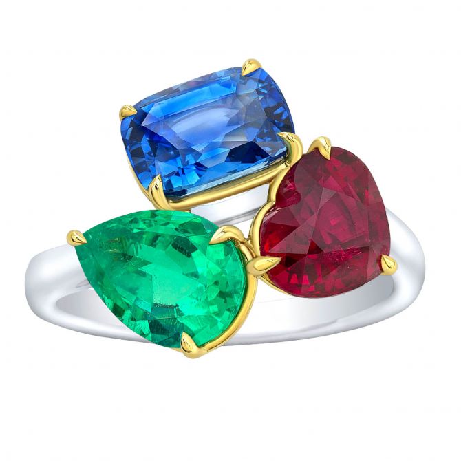 Ruby, emerald, and sapphire cluster ring