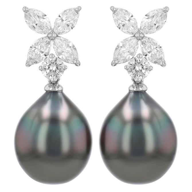 Diamond and Tahitian pearl cluster earrings