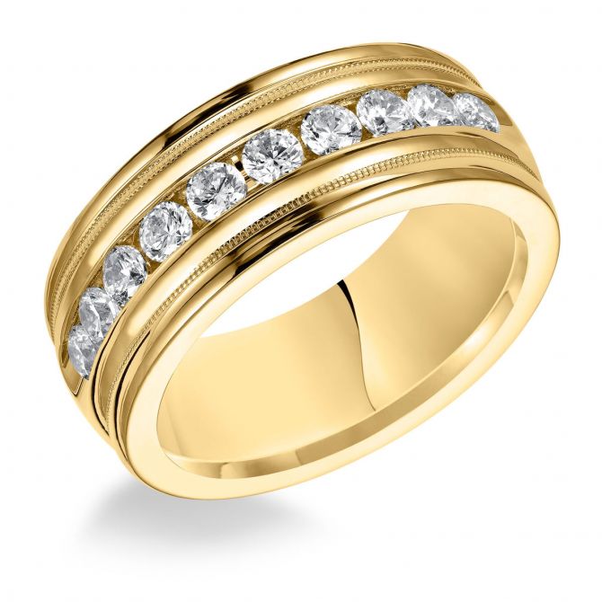 8.5 mm Diamond Channel Set High Polish Wedding Band with Milgrain Edge in Yellow Gold