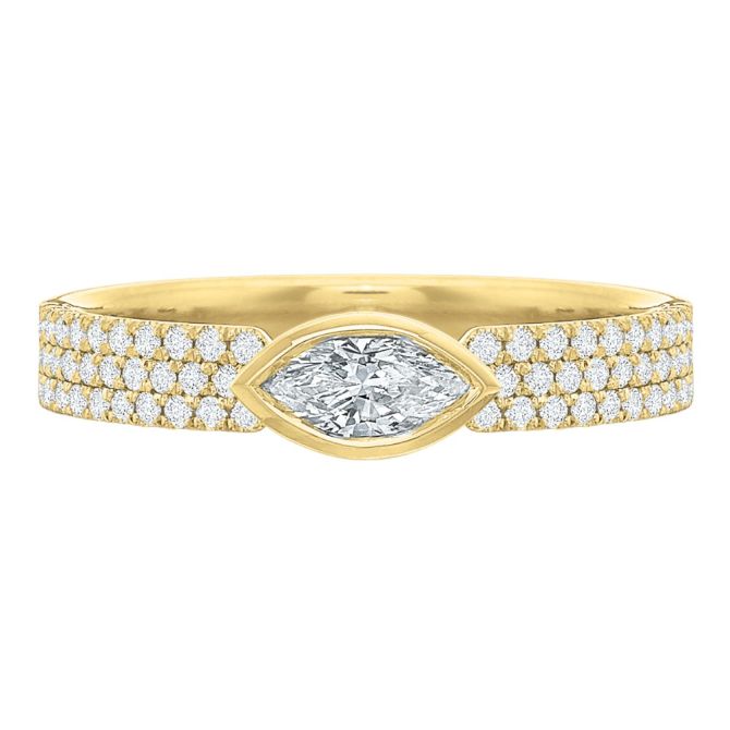 Marquise Cut Bezel Set Diamond Engagement Ring with Pave Band in 18K Yellow Gold