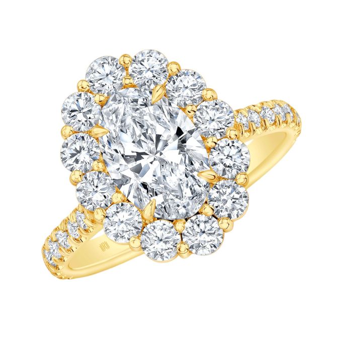 Rahaminov
Oval Diamond & Halo Engagement Ring in Yellow Gold, 2.16 cttw