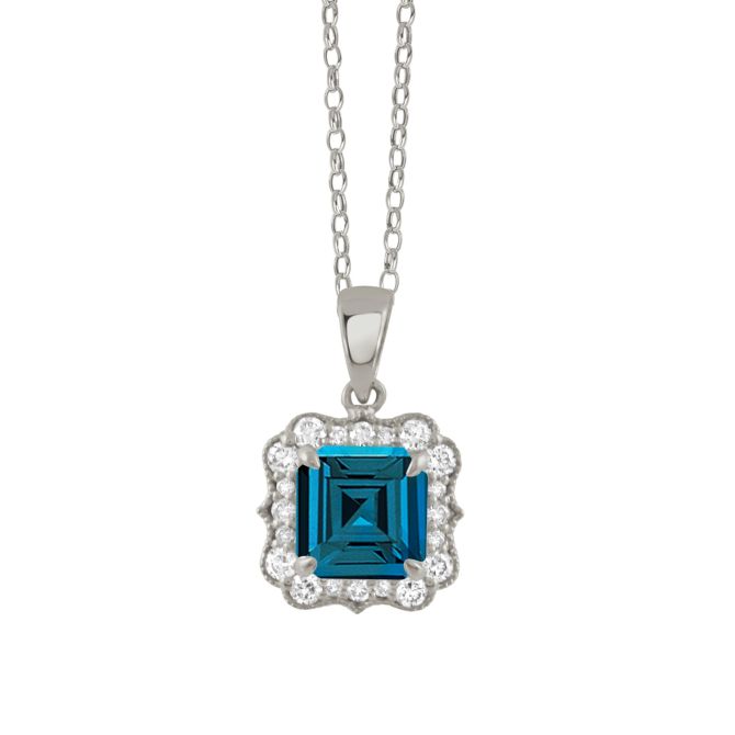 Doves London Blue Asscher Cut Topaz & Diamond Halo Pendant in White Gold, 18"