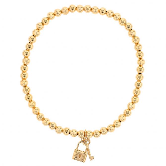 Yellow Gold Beaded Stretch Bracelet with Lock & Key Charm