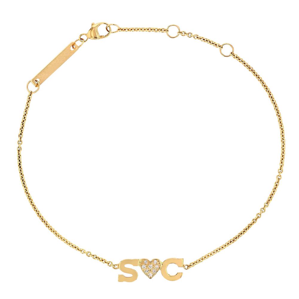 Zoe Chicco 2 Initial Letter & Pavé Diamond Heart Bracelet in Yellow Gold