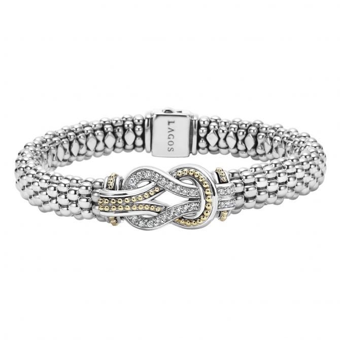 Lagos Sterling Silver & 18K Yellow Gold Diamond Newport Caviar Knot Bracelet