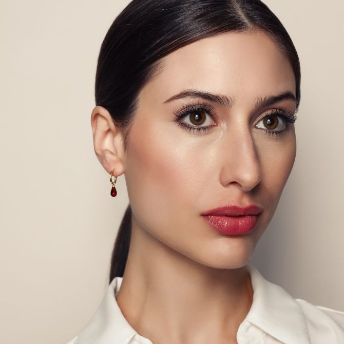 Garnet Briolette Dangle Hoop Earrings in Yellow Gold