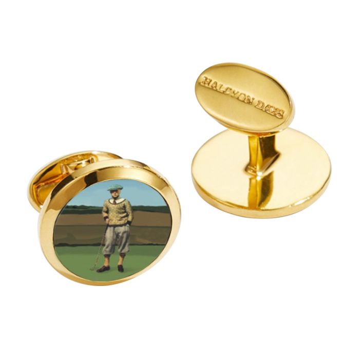 Halcyon Days 1920's Golfer Round Gold Cufflinks