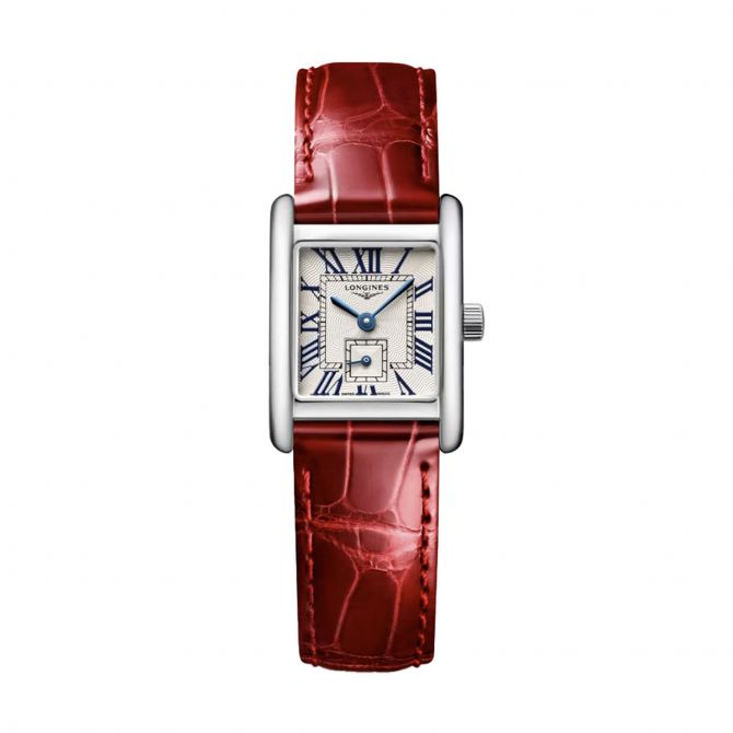 Longines Mini Dolcevita 21.50 x 29mm Women's Watch, Red Strap and Silver Flinque Dial