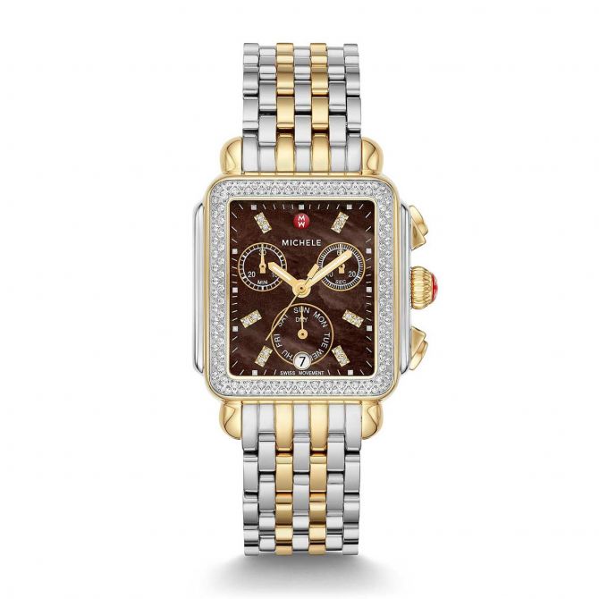 Michele Signature Deco Two Tone Diamond Watch Chocolate MOP with