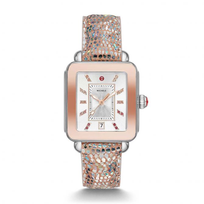 Michele Deco Sport Two Tone Pink Gold Tone Iridescent Lizard Watch