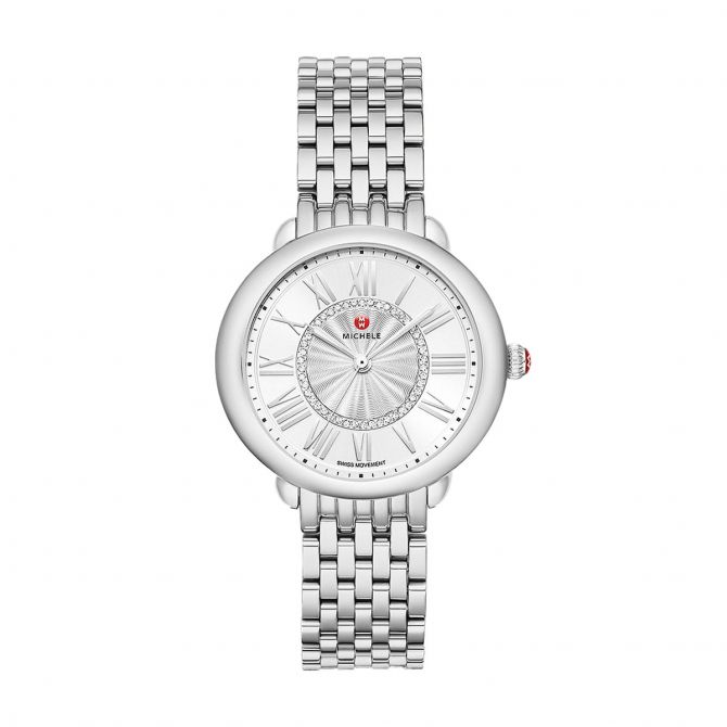 Michele Serein Mid Stainless Steel 36mm Watch, Diamond and Silver Sunray Dial