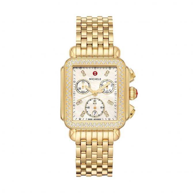 Michele Deco 33mm Watch, Yellow Gold Tone and Mother of Pearl Diamond Dial