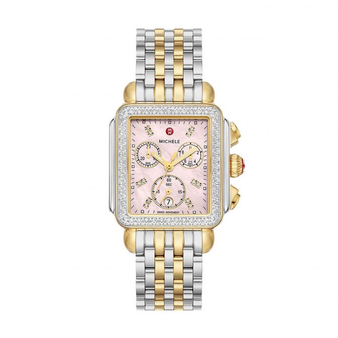 Michele Deco Two-Tone 18k Gold-Plated Diamond 33mm Watch, Pink Dial