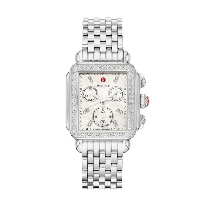 Michele Deco Stainless Diamond 33mm Watch, Silver Dial