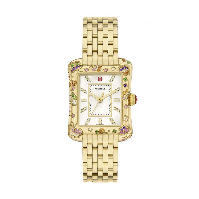 Michele Deco Moderne 18k Gold Plated Diamond 35mm Women's Watch, White Mother of Pearl