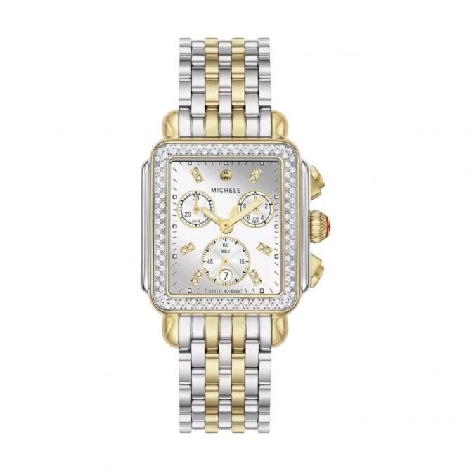 Deco Diamond High Shine Two-Tone 18k Gold Plated 35mm Women's Watch, Silver Dial