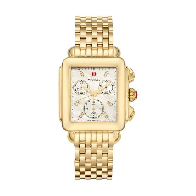 Michele Deco 18k Yellow Gold Diamon 33mm Women's Watch, White Mother of Pearl Dial