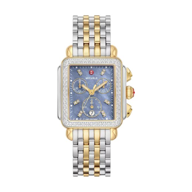 Michele Deco Two Tone 18k Yellow Gold Plated Diamond Women's 35mm Watch, Blue Mother of Pearl Dial