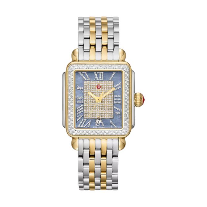 Michele Limited Edition Deco Madison Two Tone 18k Yellow Gold Diamond 35mm Women's Watch, Blue Pave