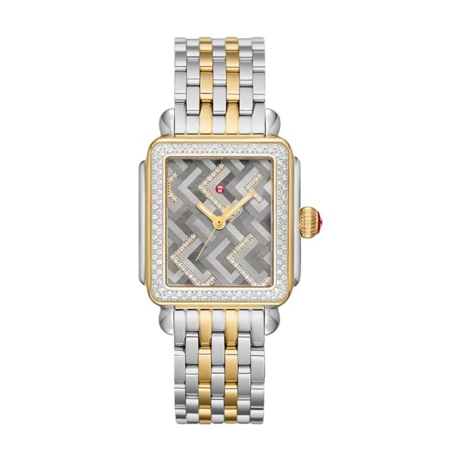 Michele Limited Edition Deco Two Tone 18k Yellow Gold Plated Mosaic Diamond 35mm Women's Watch, Grey