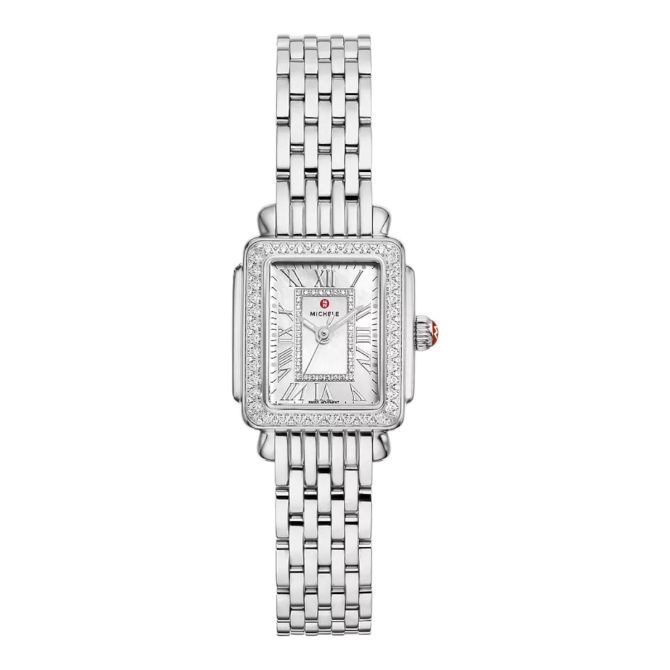 Michele Deco Madison Mini Diamond Stainless Steel 24mm Watch, White Mother of Pearl Dial