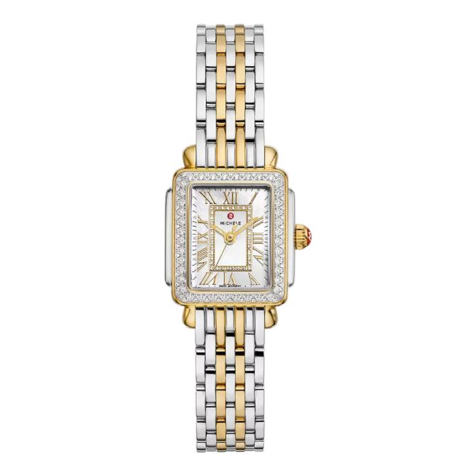 Michele Deco Madison Mini Diamond Two-Tone 18k Gold 24mm Watch, White Mother of Pearl Dial