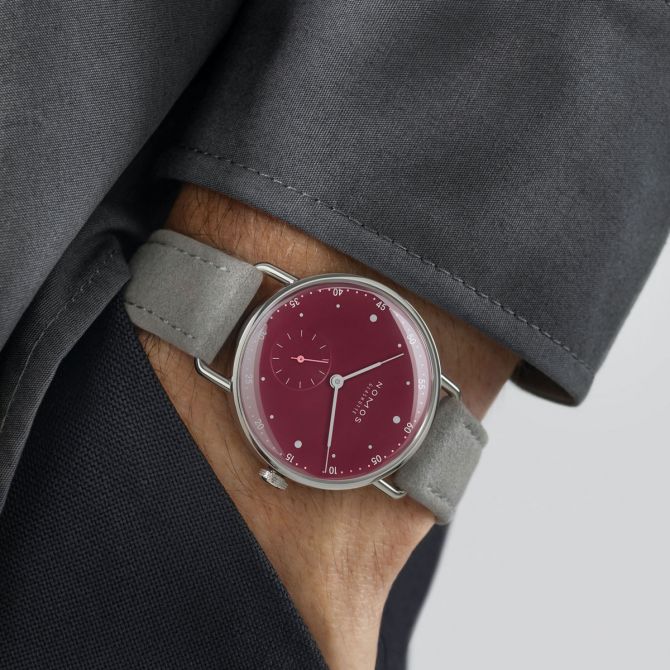 Nomos Glashuette Metro 33mm Watch Muted Wine Red Dial