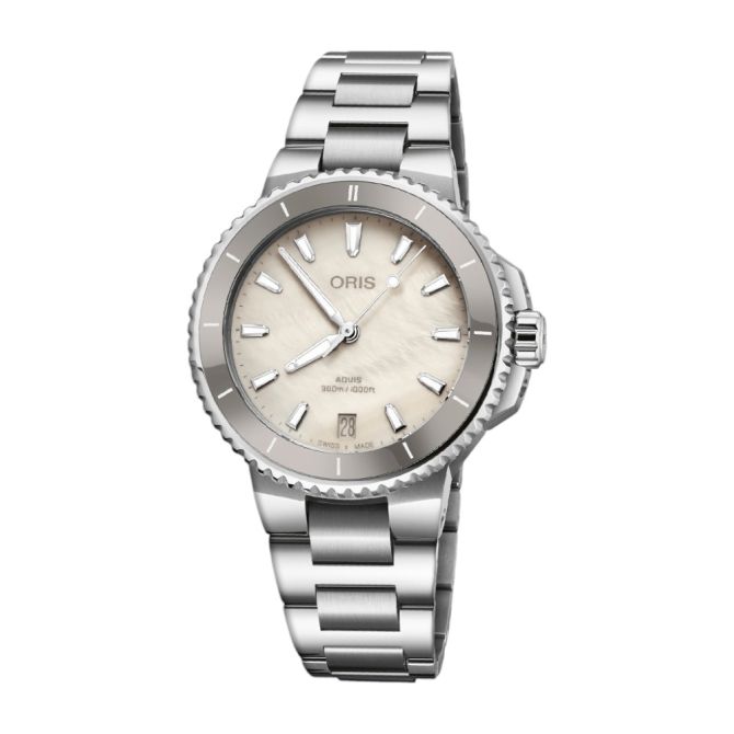 Oris Aquis Date 36.5 mm Stainless Steel Bracelet Watch, Mother of Pearl Dial