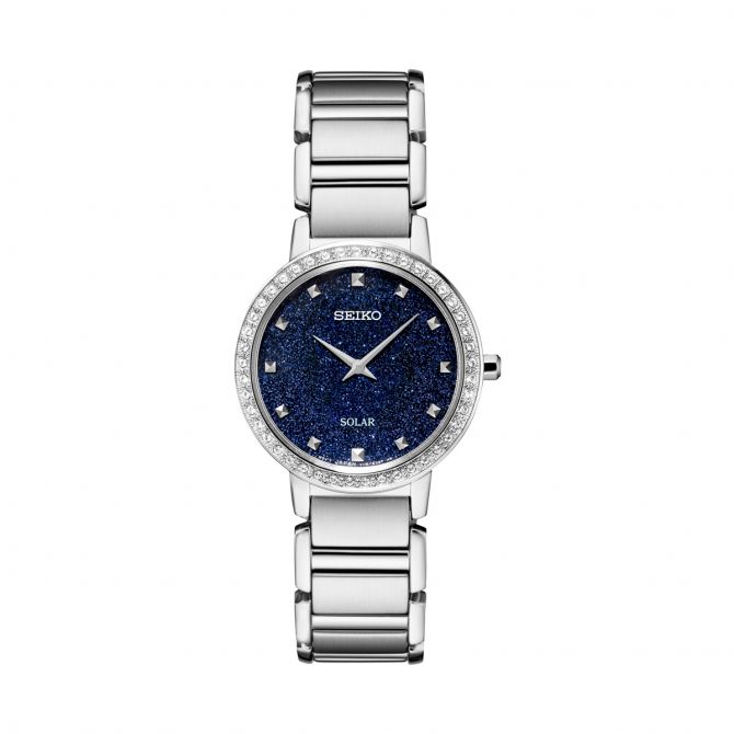 Seiko Essentials Stainless Steel Watch, Blue Glitter Patterned and Crystal Dial