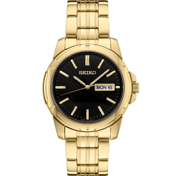 Seiko Essentials Gold Tone Stainless Steel Watch, Black Dial