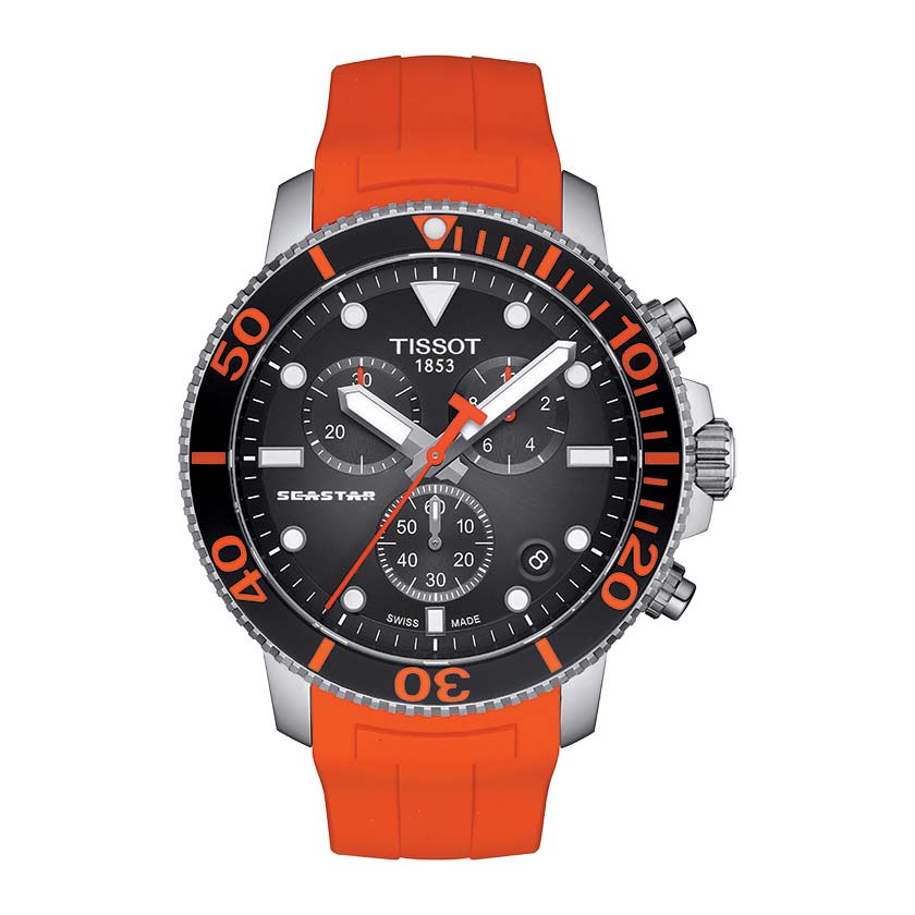 Tissot Seastar 1000 Powermatic 80 Watch Black Dial with Orange Strap