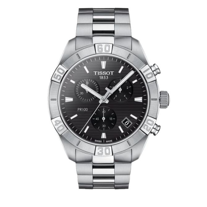 Tissot PR 100 Sport Men s 44mm Chronograph Watch Brushed Black and Silver Dial