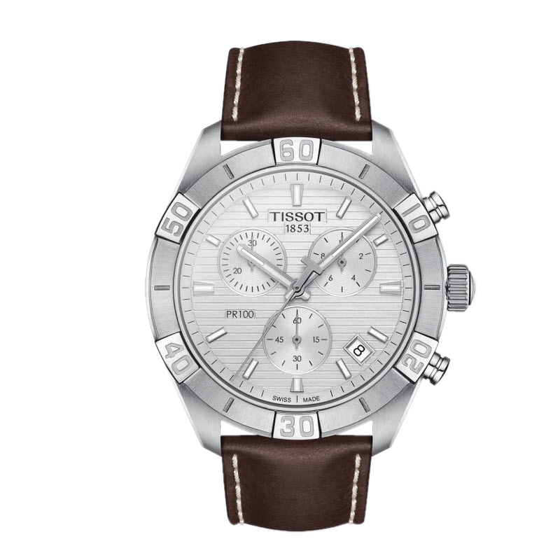 Tissot Pr 100 Sport Mens 44mm Chronograph Watch Silver Dial And Brown Band T1016171603100 1840