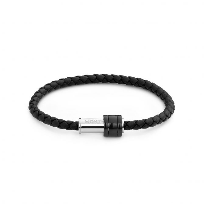 Montblanc Woven Leather Bracelet, Black and Steel