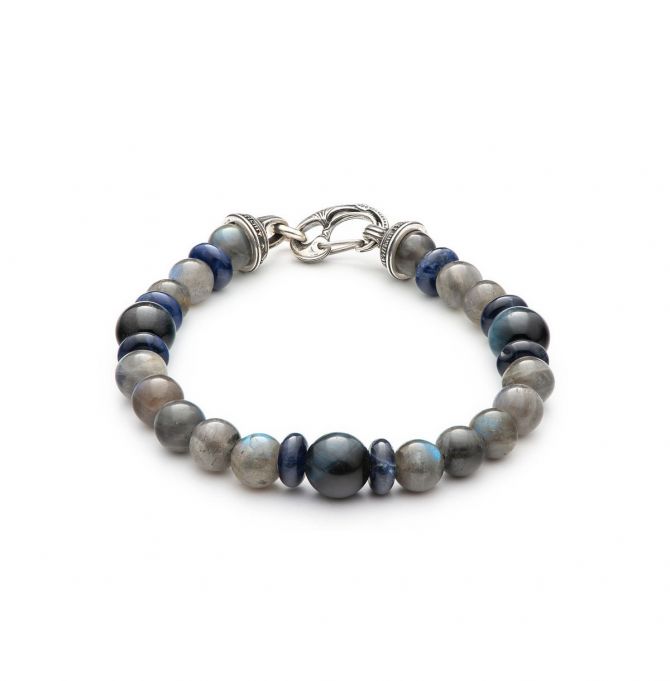 William Henry Men's Magician Blue Beaded Bracelet in Sterling Silver