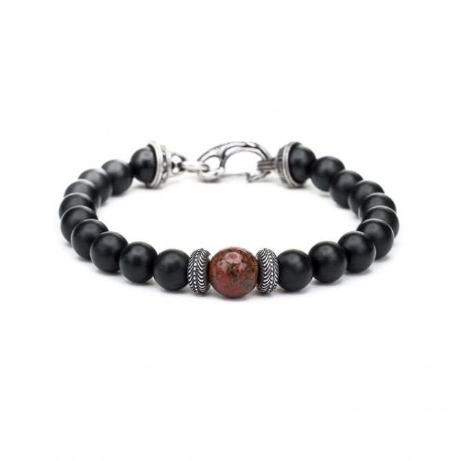 William Henry Men's Gentis Black & Red Beaded Bracelet in Sterling Silver