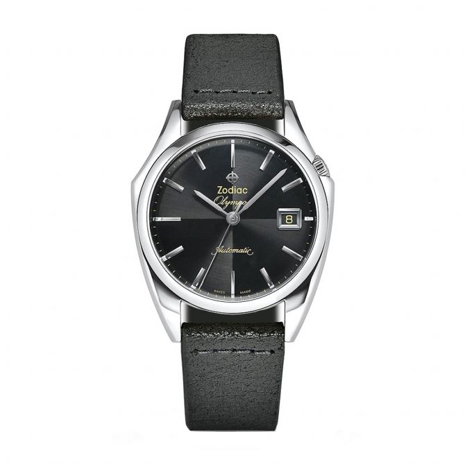 Zodiac Olympos Automatic Black Leather 37mm Watch, Black and Silver Dial