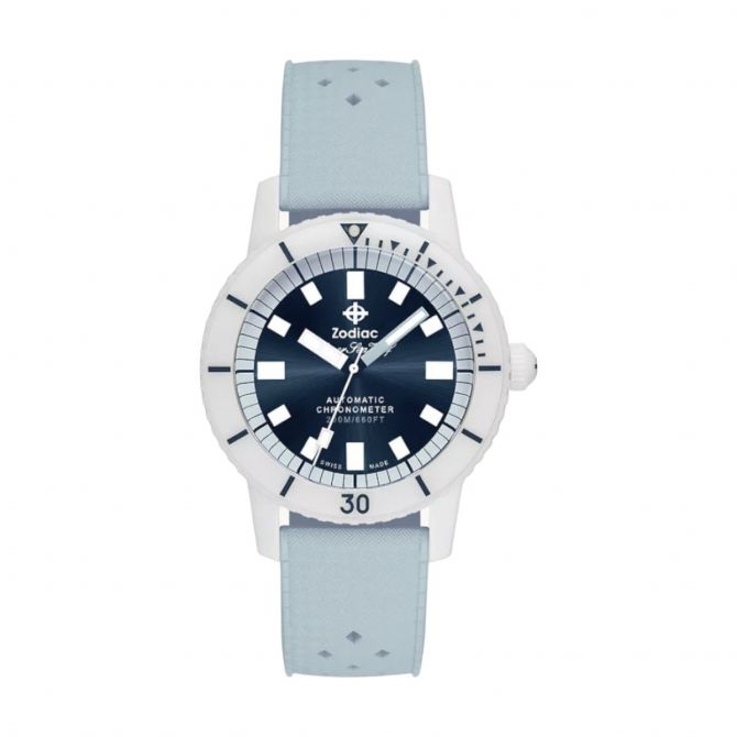 Zodiac Super Sea Wolf Ceramic Compression Diver Automatic Rubber Strap 41mm Men's Watch, Blue Dial