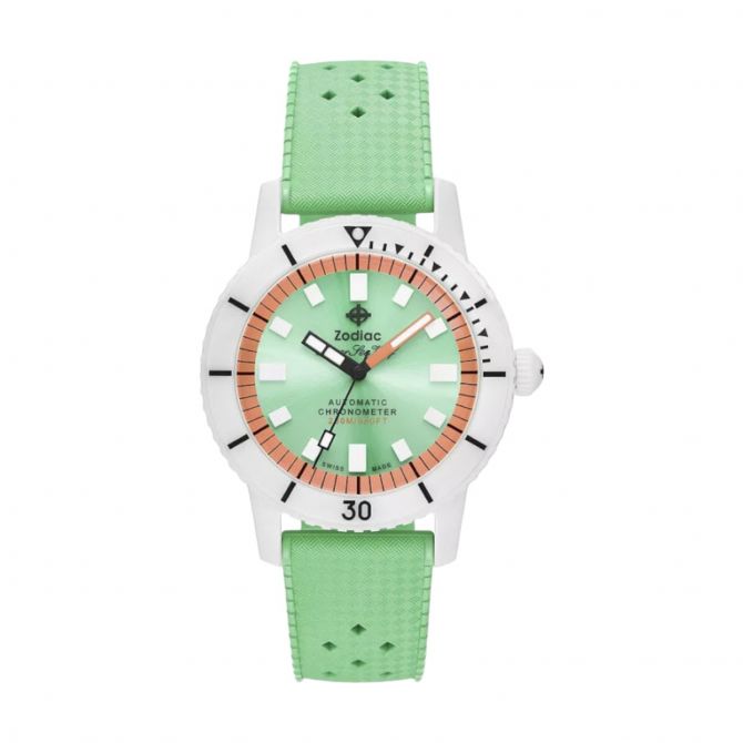 Zodiac Super Sea Wolf Ceramic Compression Diver Automatic Rubber Strap 41mm Men's Watch, Green Dial