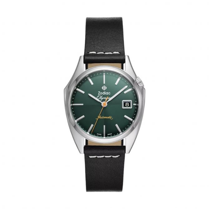 Zodiac Dress Olympos Automatic Leather 37mm Men's Watch, Green Dial